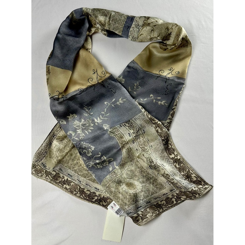 Anne Klein Silk Scarf Olive Slate Blue Floral Patchwork Print Rectangular NWT